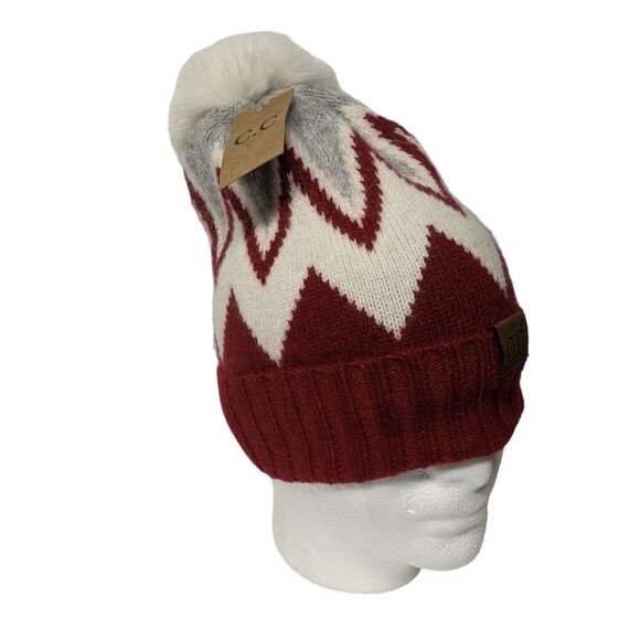 CC Knit Beanie Angora Blend Pom Pom on Top Burgundy **NEW** - Picture 2 of 6